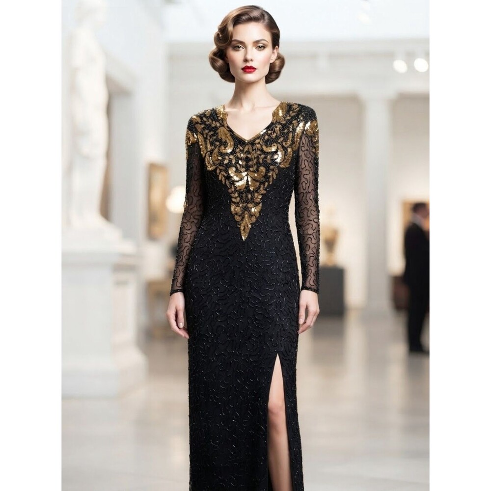 Vintage 90s Beaded 100% Silk Holiday Party Dress Black Hollywood Glamour Size L